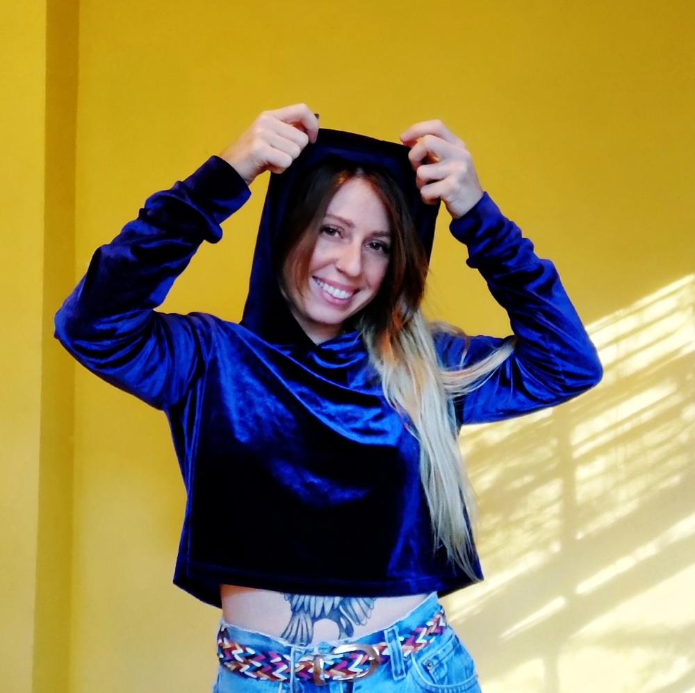 Deep Indigo Velvet Cropped Hoodie